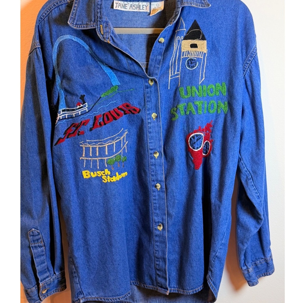 Jane Ashley Vintage St Louis Embroidered Denim Shirt Large Busch Stadium Arch